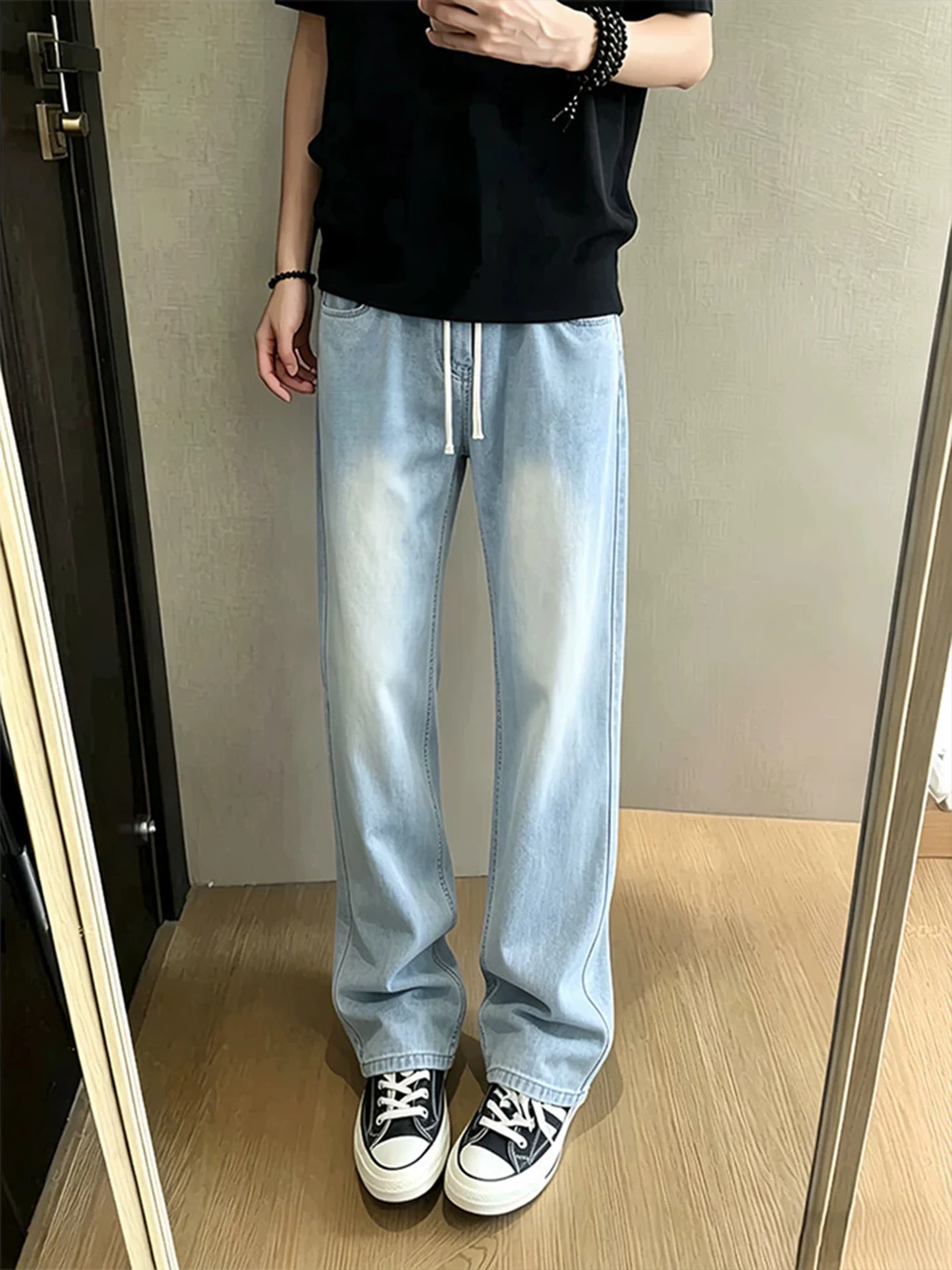 

Ice Blue Lyocell Men's Summer Thin Cool Feeling Knife Jeans American Slim Straight Leg Casual Loose Fit Breathable