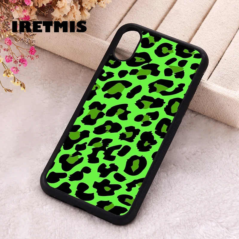 Iretmis Phone Cover Cases For iPhone X XS Max XR 11 12 13 PRO MINI 14 15 16 Plus Rubber Silicone Neon Green Leopard