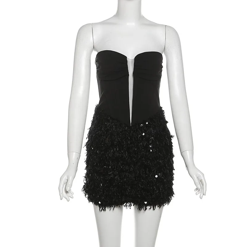 SylCue Mesh Patchwork Mini-Kleid Damen Sexy Wickel-Oberteil Rückenfrei Ärmellos Flauschiger Pailletten-Saum Hot Girl Midnight Club Party Bodycon