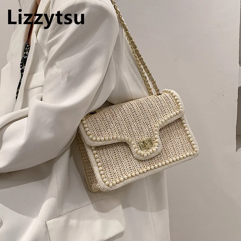 Lizzytsu Small Fragrance Style Luxury Flap Pearl Party Shoulder Bag Vintage Casual Crossbody Bag Korean Square Mini Message Bag