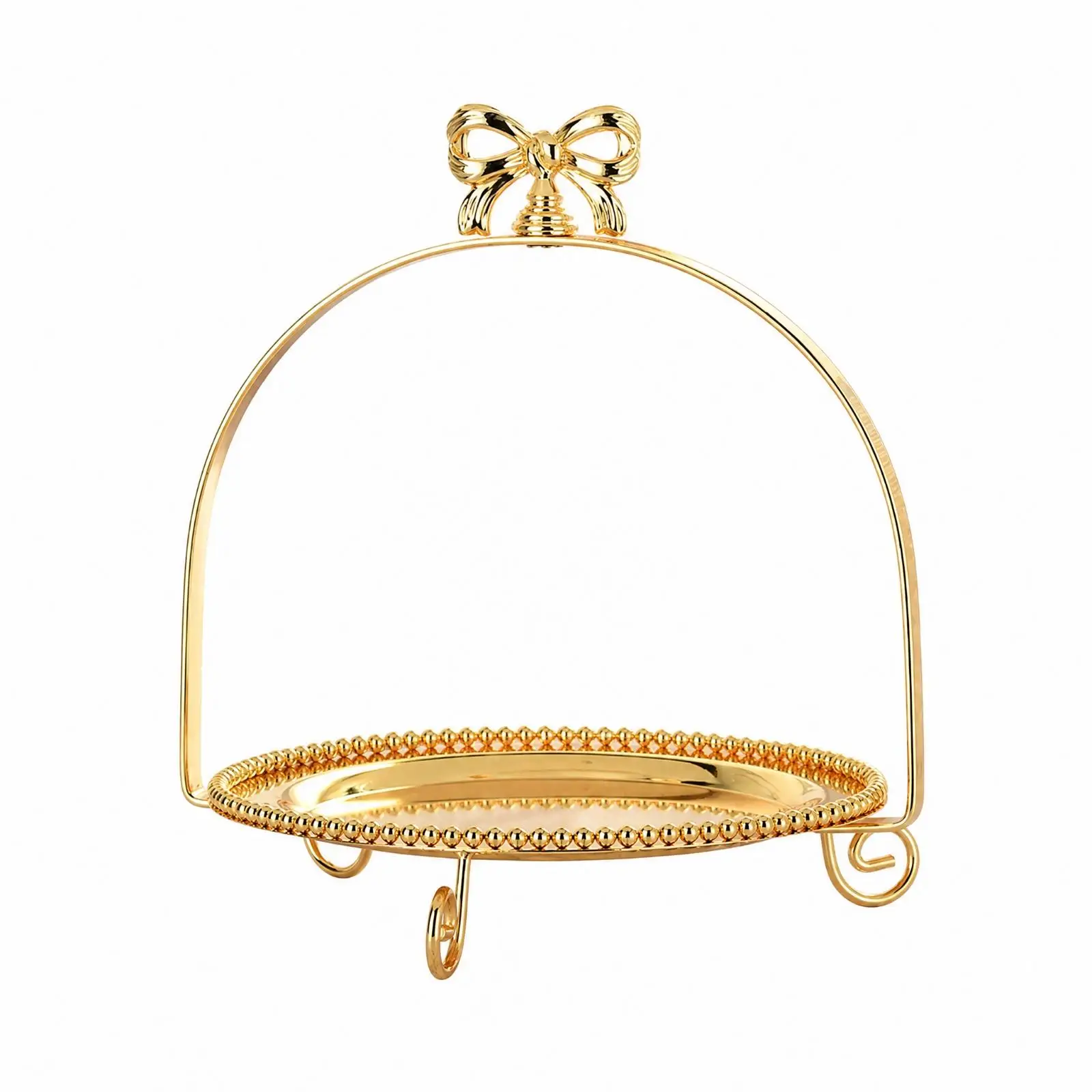 Metal Cake Display Stand Gold Finish with Decorative Bow and Curled Legs for Buffet Dessert Table Arrangement