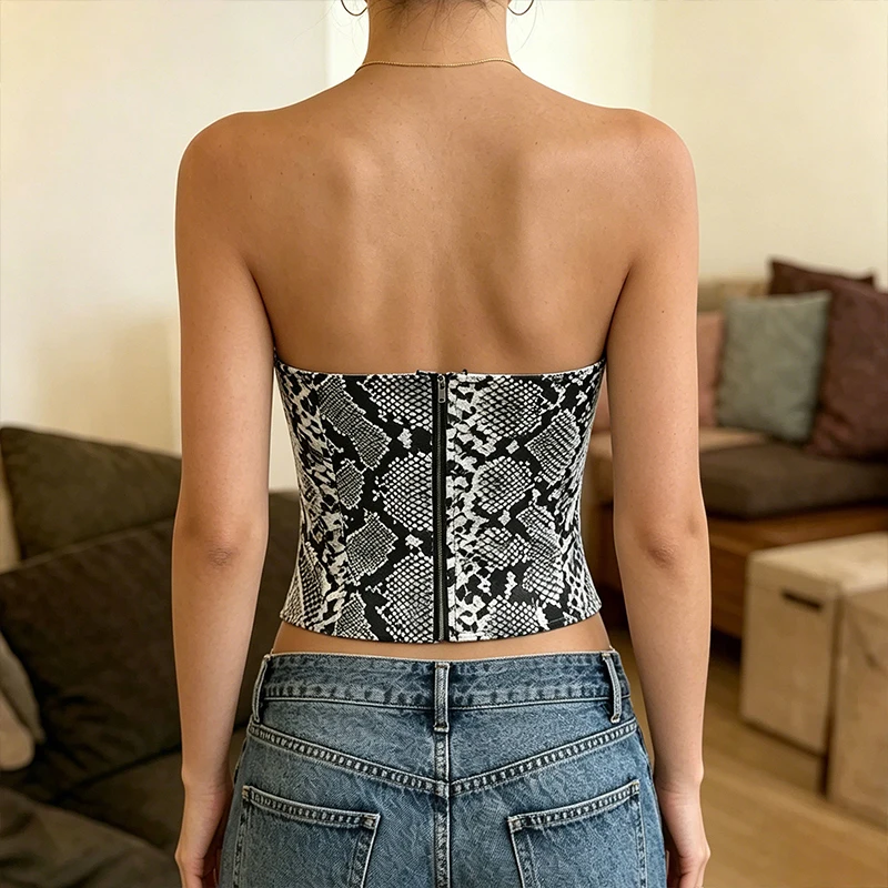 BKLD Women PU Leather Corset Hottie Midnight Party Clubwear Off-shoulder Backless Folds Design Slim Zipper Snake Print Tank Tops