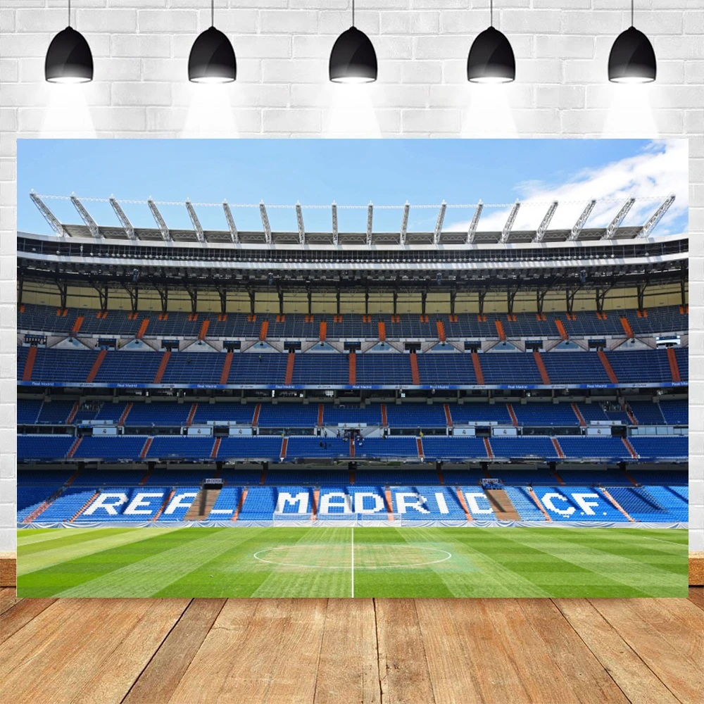 Football Backdrop Real Madrid Stadium Champion Cup Soccer Field Boy Birthday Decoration Customized Background Photography Props