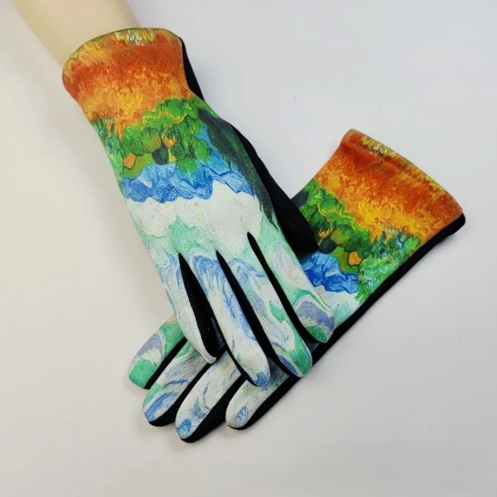 Oil Painting Print Touch Screen Gloves Thick Fleece Lining Touchscreen Friendly Fleece Lined Gloves Suede-like Material