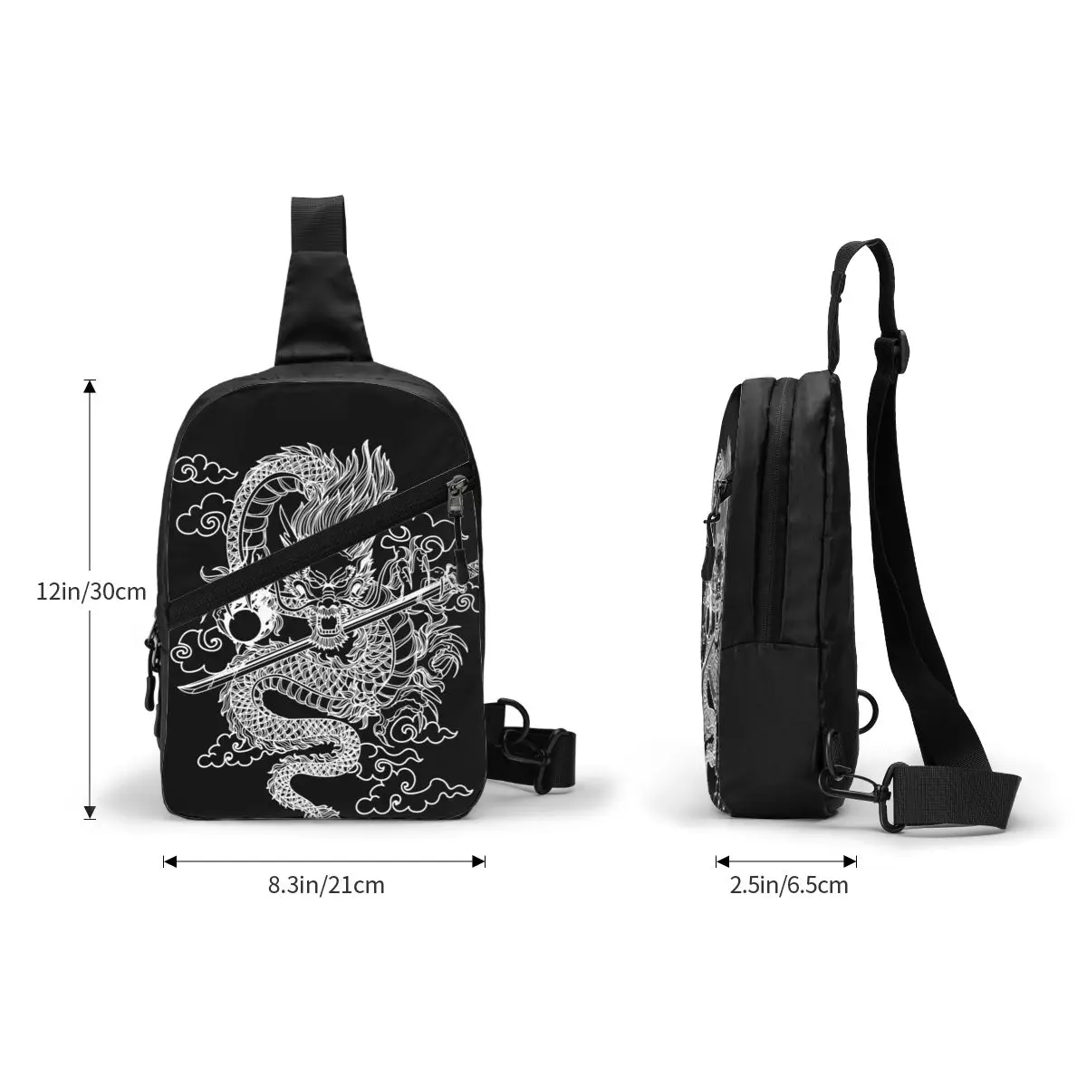 Mochila cruzada de dragón chino blanco para hombre, bolso de pecho de hombro de monstruo mítico para acampar y ciclismo, moda