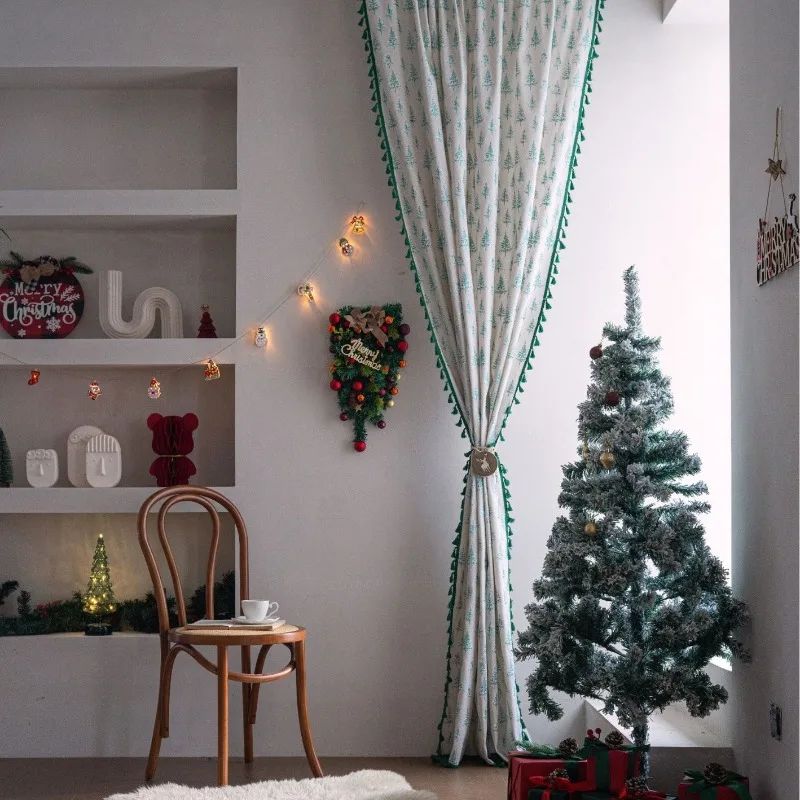 Green Christmas Gold-plated Holly Leaf Kitchen Curtains for Living Dining Room Bedroom Semi-blacked Bay Window Balcony Decor