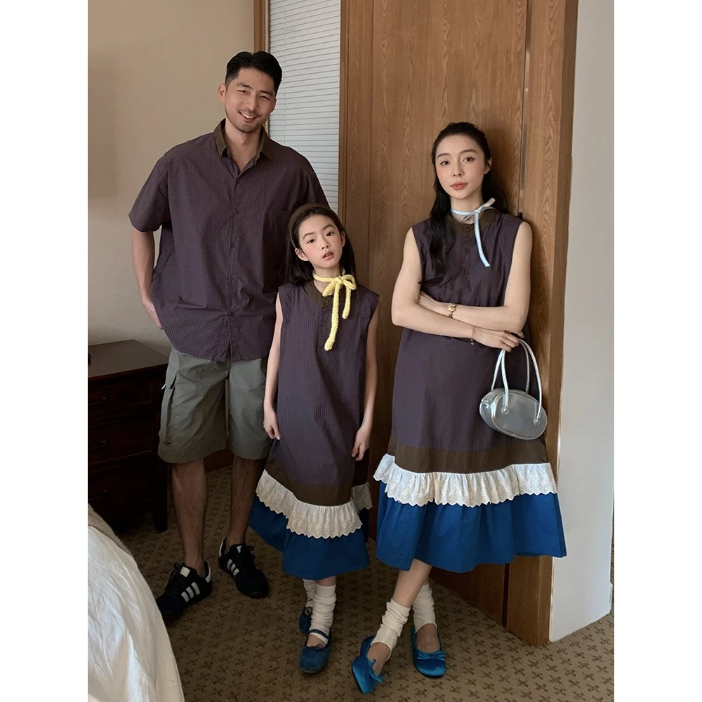 

Retro Elegant Family Matching Contrast Lace Dress Shirt Set Mom Dad Kids Fashion Family Look 3-4 People Party Photoshoot