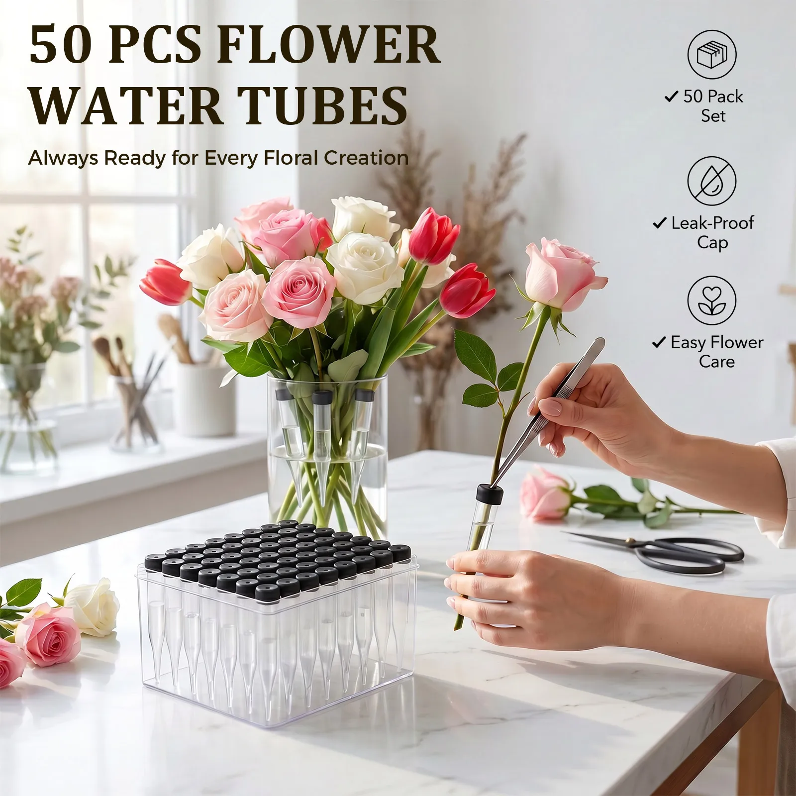 50Pcs Plastic Flower Water Tubes with Rubber Cap Reusable Transparent Floral Vials for Flower and Plant Preservation