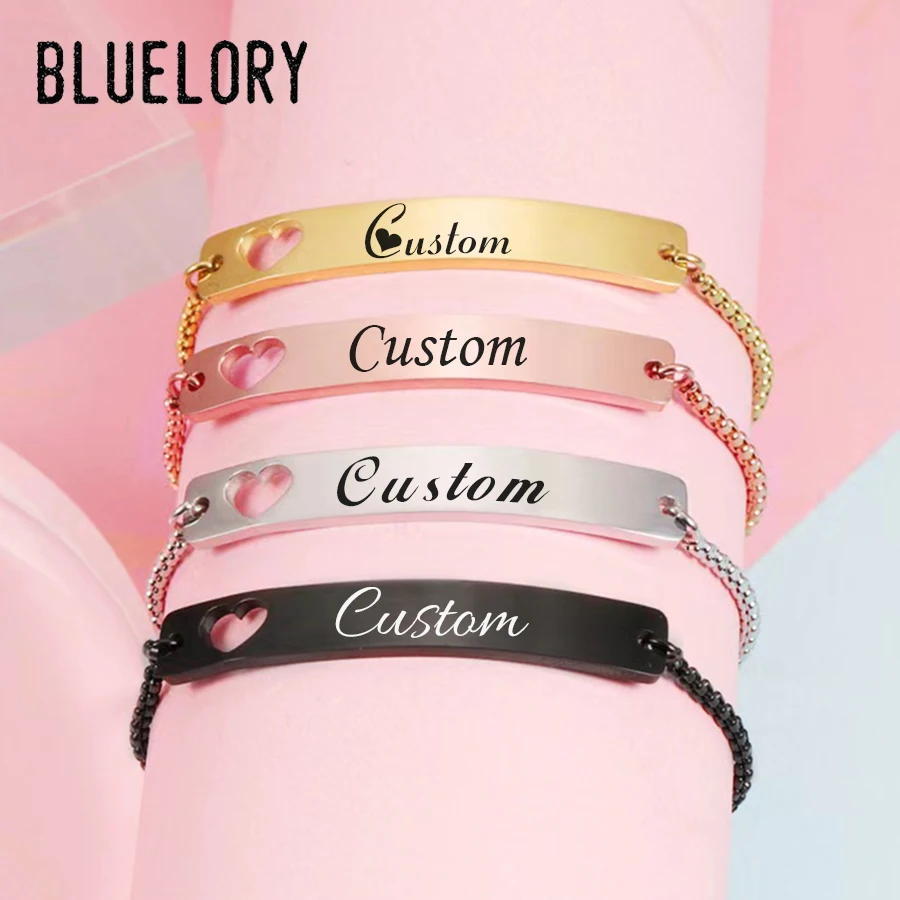 

Bluelory Customized Stainless Steel Heart Name Bracelets For Women Girls Adjustable Engrave Your Names Date Text Custom Jewelry