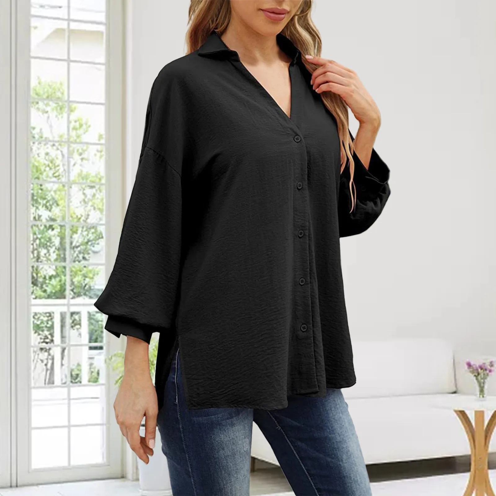 

Women's V Neck Long Sleeved Solid Color Casual Side Split Shirt Tops Lantern Sleeve Turndown Collar Loose Female Shirts