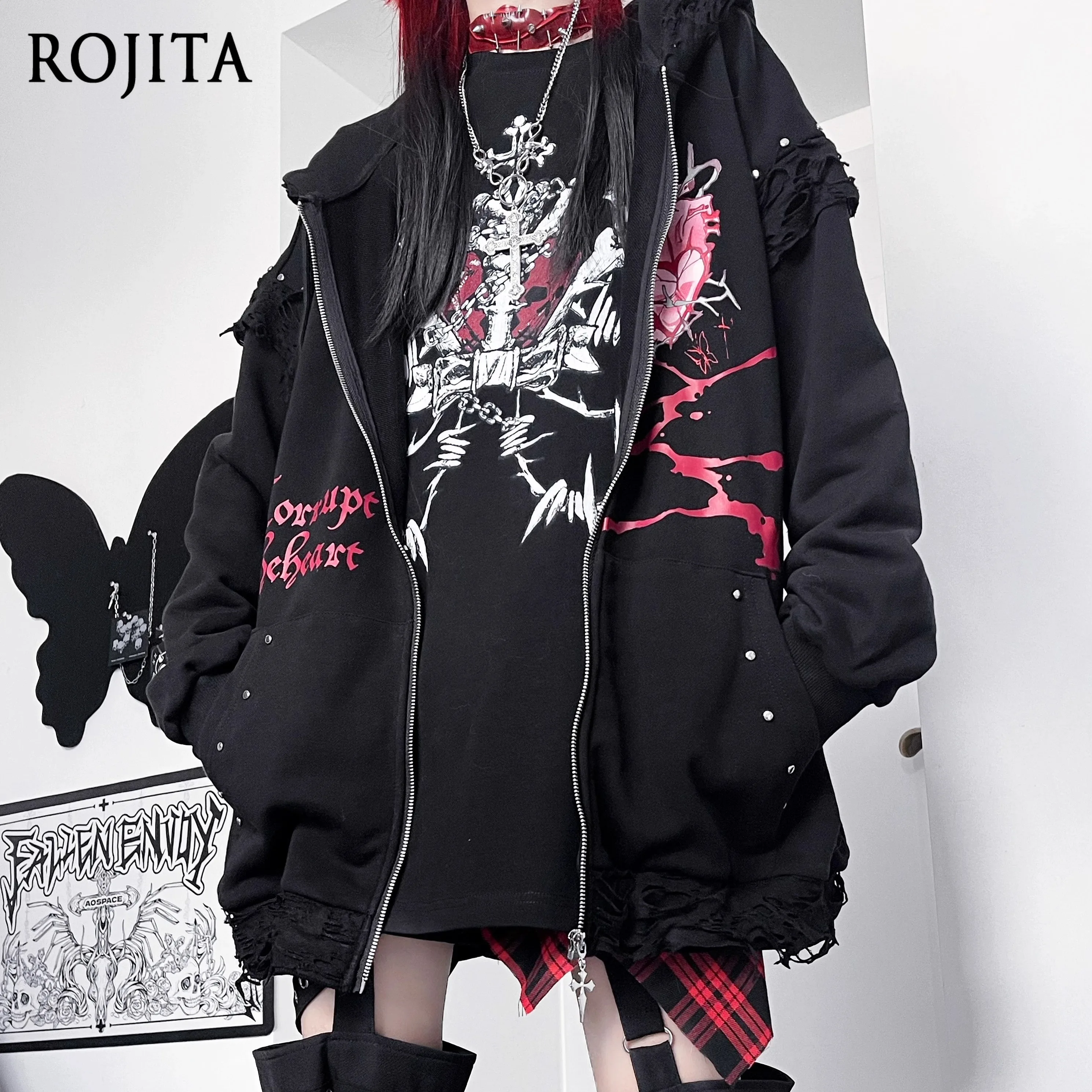 Original Print Subculture Dark Loose Cat Ear Distressed Hooded Sweatshirt Jacket Zip Up Hoodie Oversized Hoodie