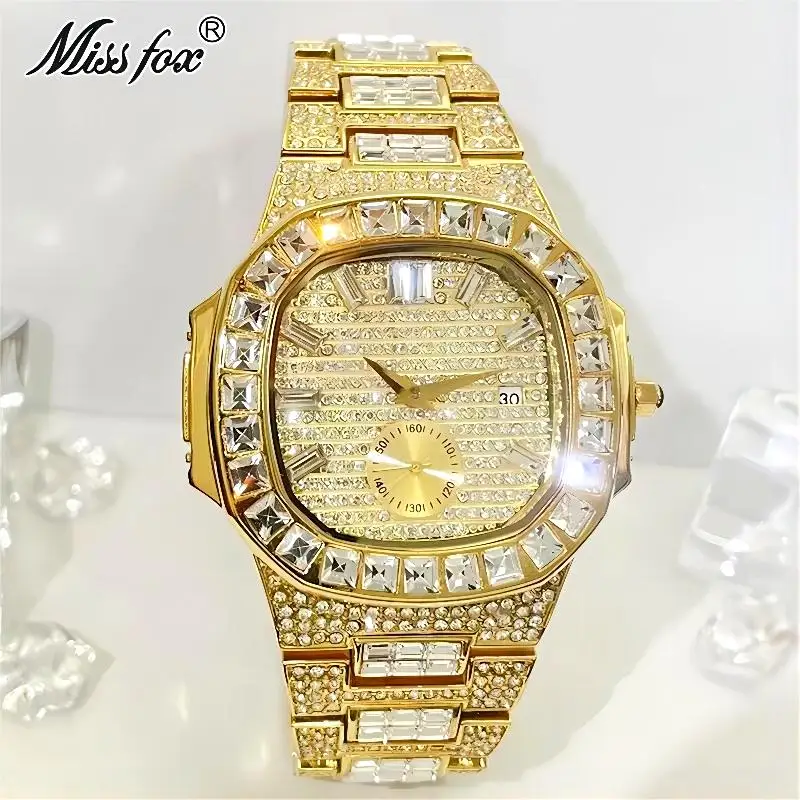 Top Brand MISSFOX Fashion Watches Men Hip Hop Square Diamond Wristwatch Luxury Iced Out Jewelry Quartz Clocks Reloj Dropshipping