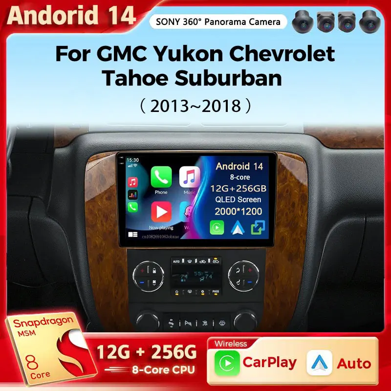 Autoradio Android 14 pour GMC Yukon Chevrolet Tamangez Suburban 2008-2012, Carplay, Limitation, Lecteur Vidéo, Navigation, Stéréo, Wifi + 4G