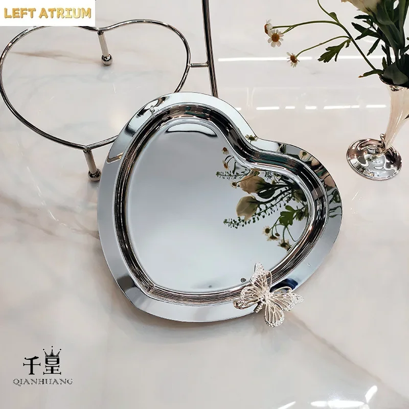 2PCS Luxury Minimalist Ins Style Stainless Steel Heart Shape Fruit Tray Cosmetic Jewelry Dish Metal Dessert Cake Plate