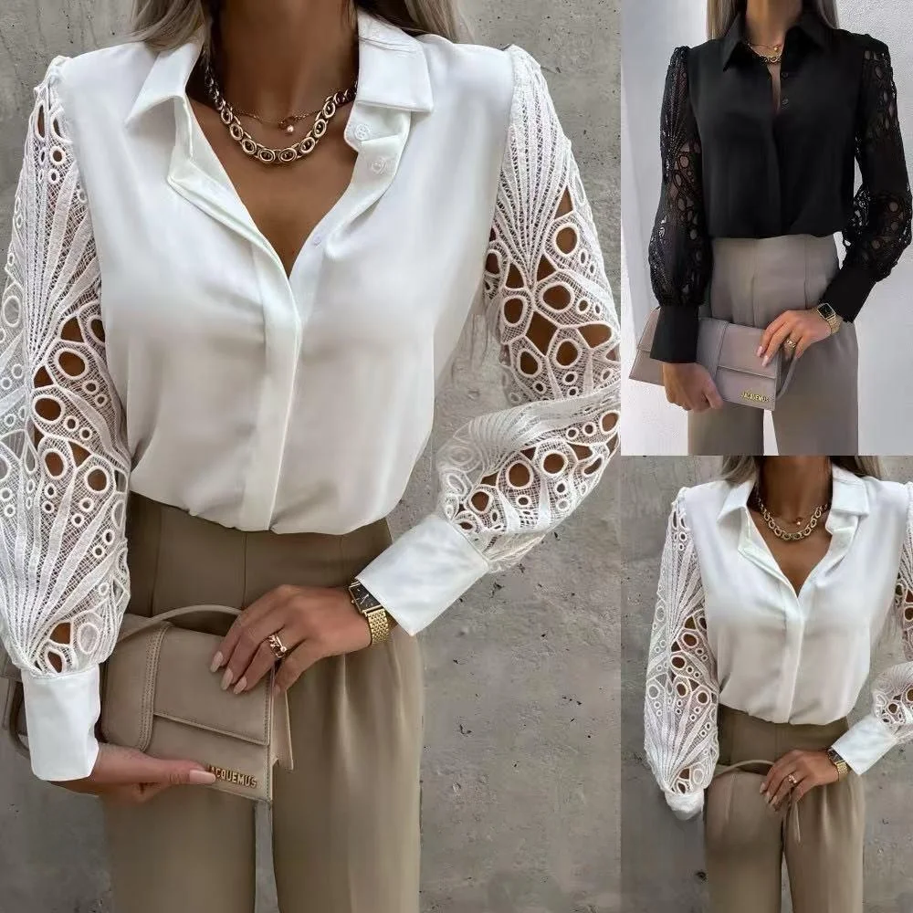 

Ladies Lace Patchwork irt Women's Loose Fit Long Sve Commute Sle Polyester Fiber 00% Spring Season Non-deformable