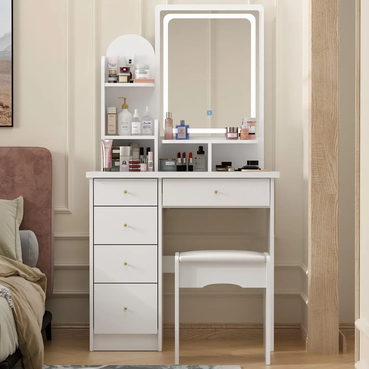 Vanity Set with Rectangular Mirror, Makeup Vanity Dressing Table with 5 Drawers, Shelves, Dresser Desk and Cushioned Stool Set (