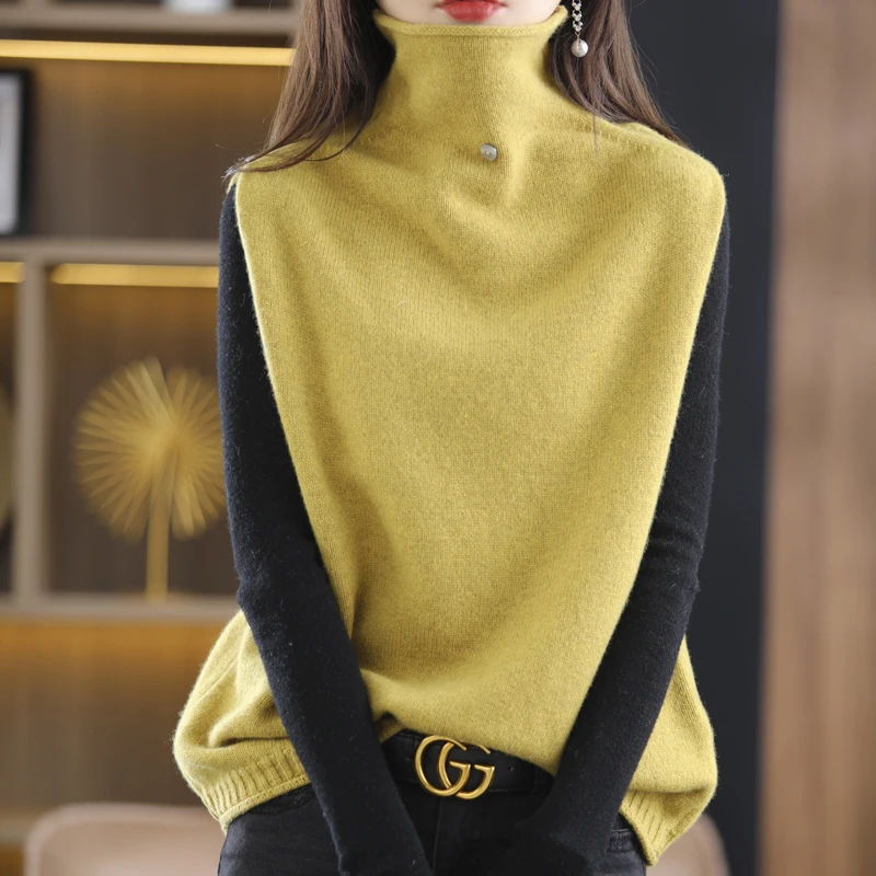 Hot Sale 2023 Autumn and winter Women\'s High Collar Chic Pullover 100% Pure Wool Vest Sleeveless Fashion Loose Warm Knit Sweater