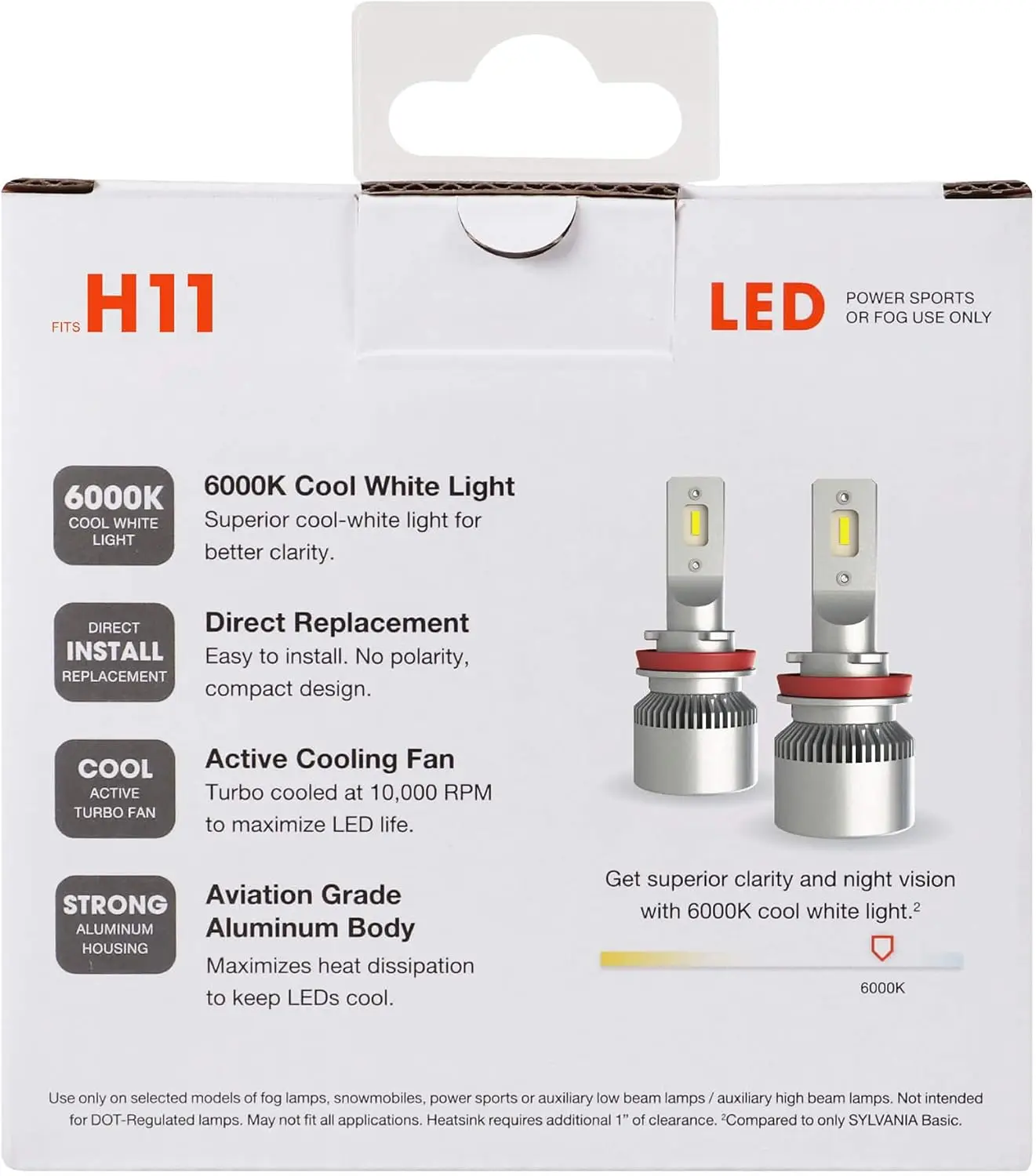 LED Powersport Headlight Bulbs for Off-Road Use or Fog Lights - 2 Pack ，6000K Cool White Light