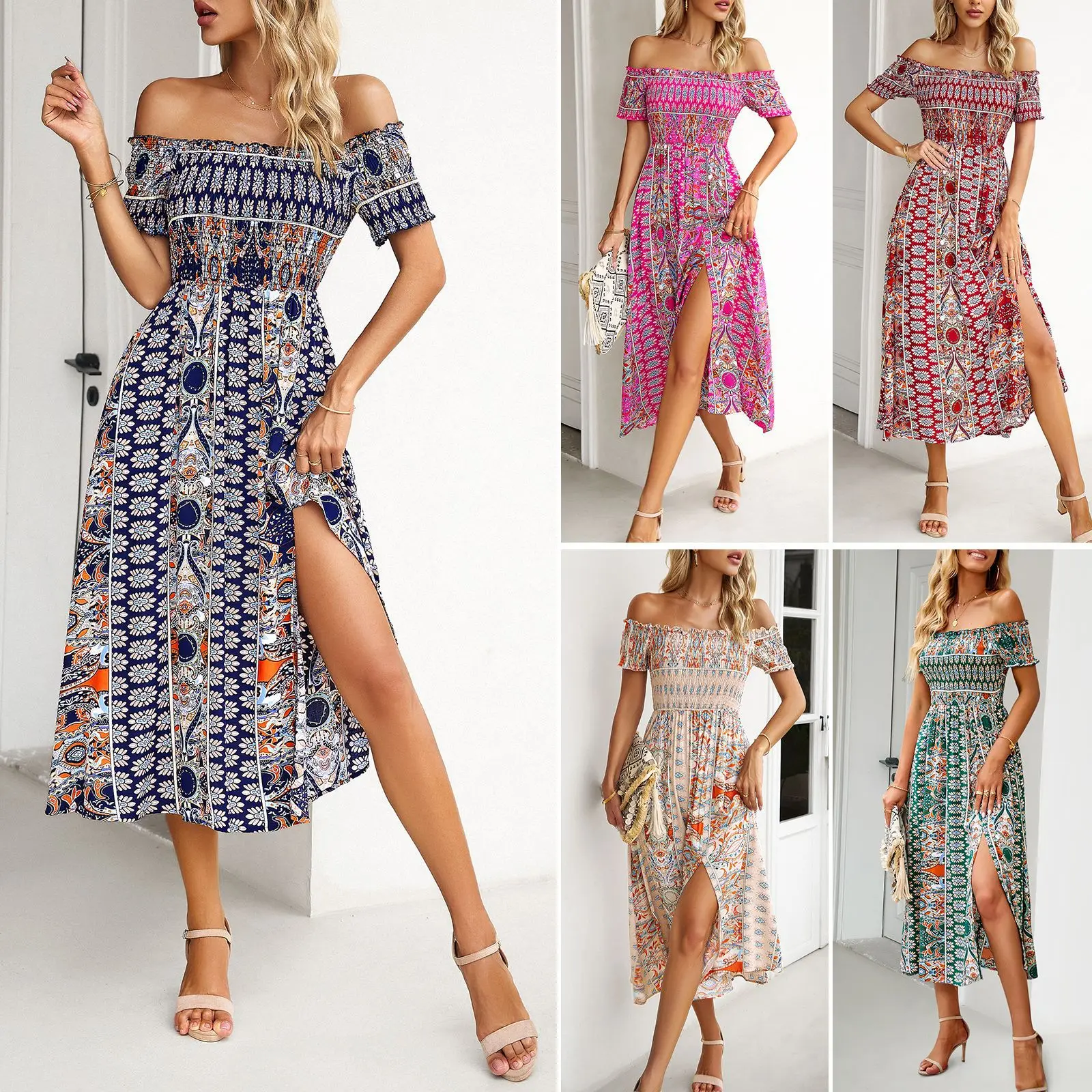 Women's Dress Summer Lady's One-shoulder Dress Female Printed Slit Dress Vacation Women's Long Summer Dress Women's Beach Dress