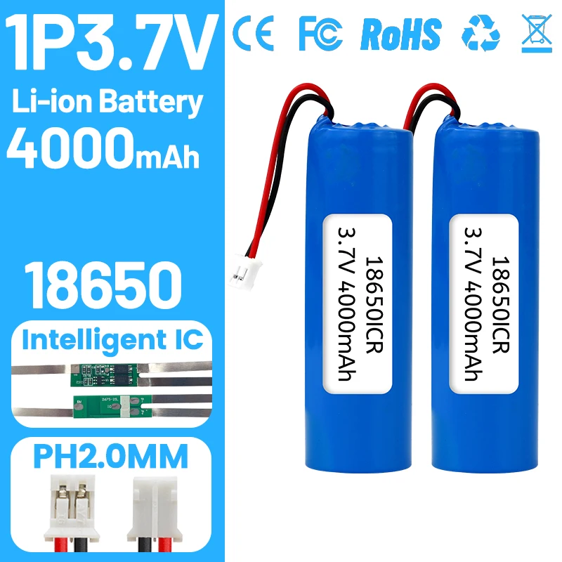 

Литий-ионный аккумулятор 3.7V 18650 4000мАч для светодиодных фонарей, Bluetooth-колонок, бритв, машинок для стрижки волос, с разъемом PH2.0-2P