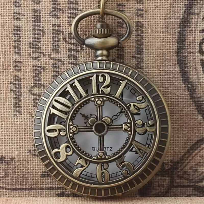العتيقة Steampunk البرونزية الجوف والعتاد حركة كوارتز ساعة الجيب قلادة هدية مع سلسلة الأولاد الرجال