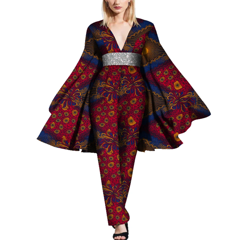 BintaRealWax African Cape Sleeve Romper Bazin Riche Sexy DeepV-Neck WomenJumpsuit Dashiki Elegant Jumpsuit WY5597