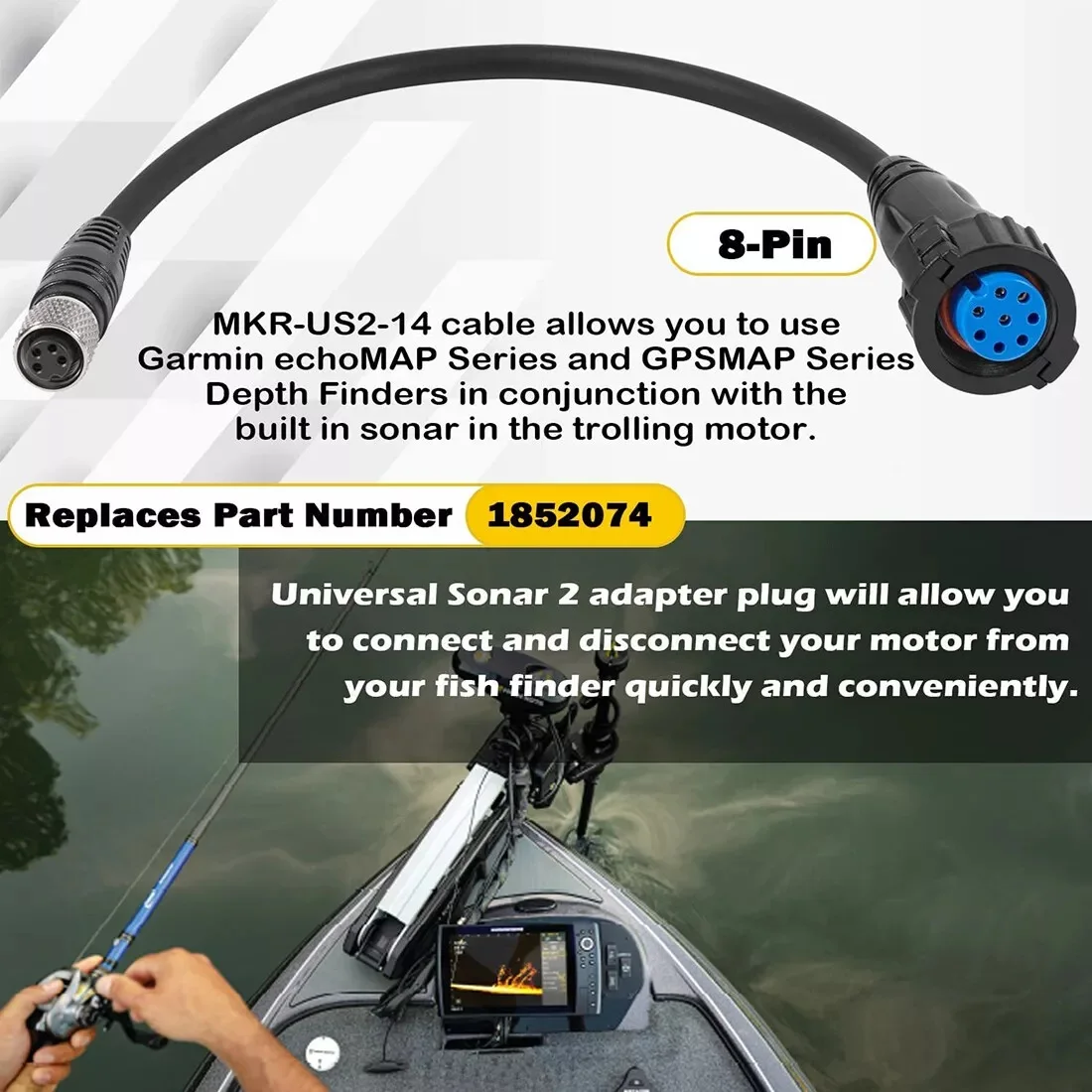 1852074 MKR-US2-14 8-Pin Adaptor Cable, Universal Sonar 2 Adapter Plug, Replacement for Garmin EchoMAP, GPSmap Series Fishfinder