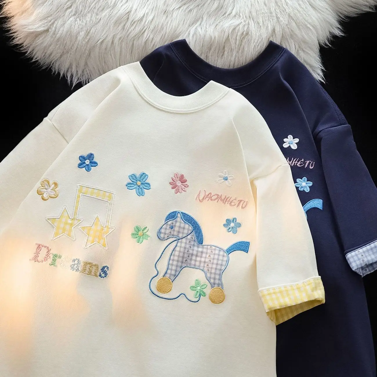 High Quality Sweet Cute Cartoon Horse Embroidery T-Shirt Y2K Music Notes Star Patches Casual Loose Summer Cotton Tee Young Women