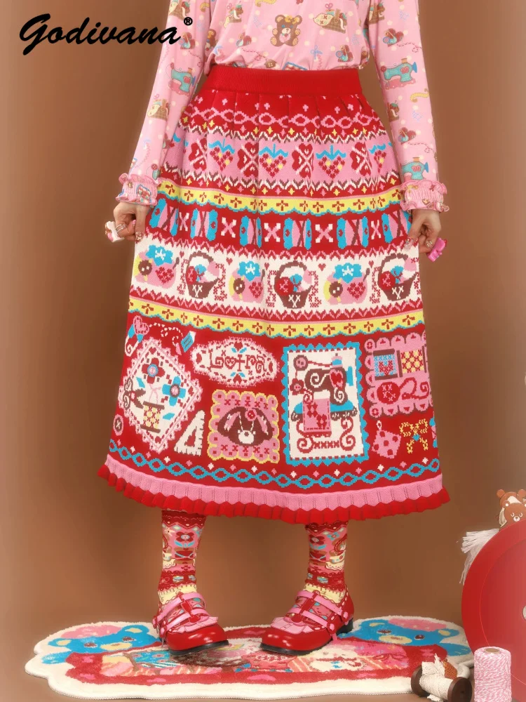Red Jacquard Retro Pattern Lace Trim Knit Midi Skirt New Autumn and Winter Female Girls Cartoon Elastic Waist Long Knitted Skirt