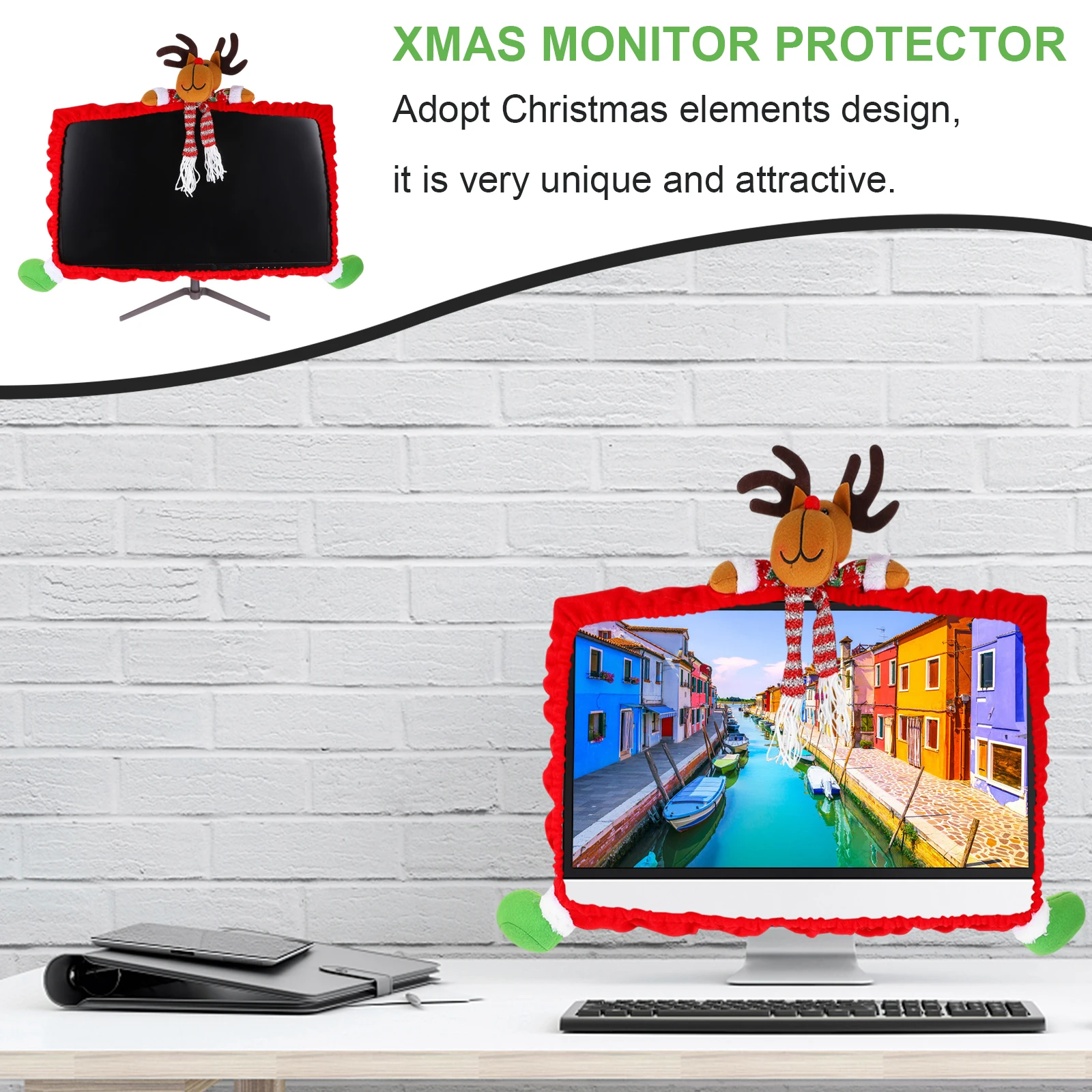 

Christmas Decor Elk Computer Dust Cover Decorations for Monitor Kawaii Red Display Office