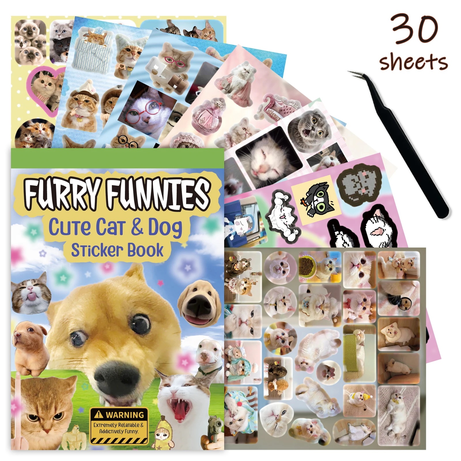 30 feuilles de livres d'autocollants chat chien dessin animé mignon, livre d'autocollants à bobine découpée, manuel de bricolage, calendrier, cartes de vœux, carnet de notes