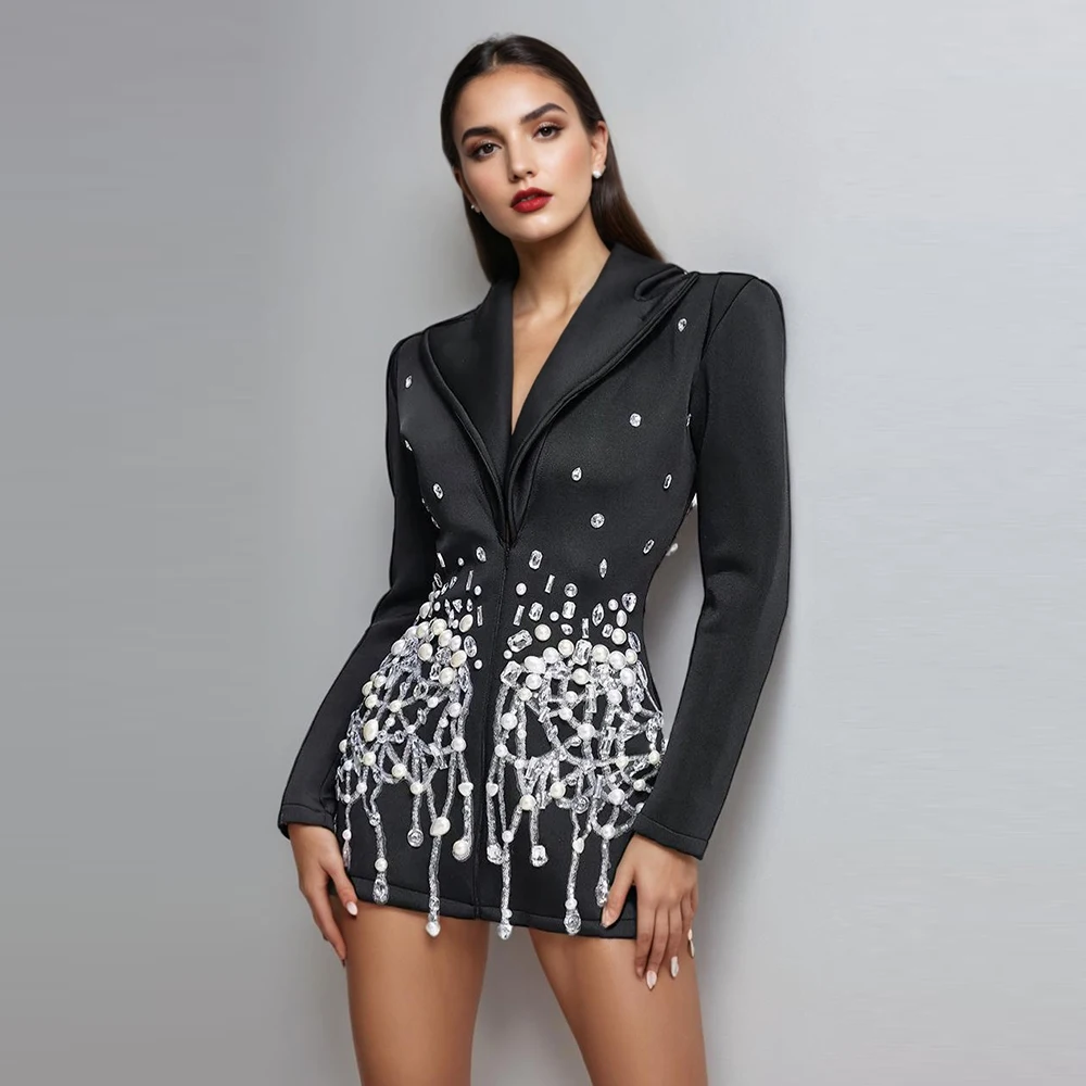

Elegant Patchwork Diamonds Mini Dress For Women Lapel Long Sleeve High Waist Temperament Slimming Solid Dresses Female New
