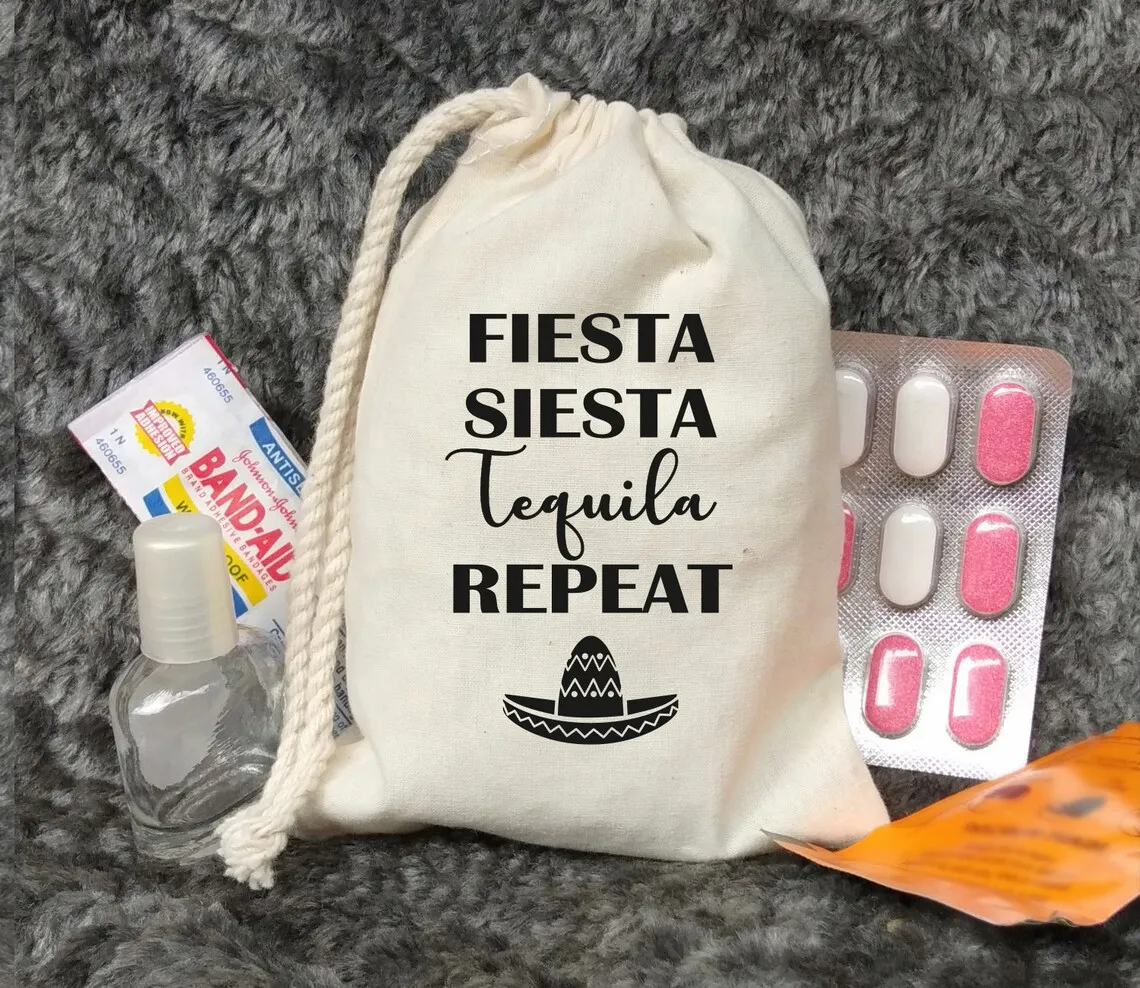 20 Pcs FIESTA SIESTA Tequila REPEAT-fiesta favors-Last in bash-hangover kit-welcome bag-bachelorette kit-Mexican party-bachelor