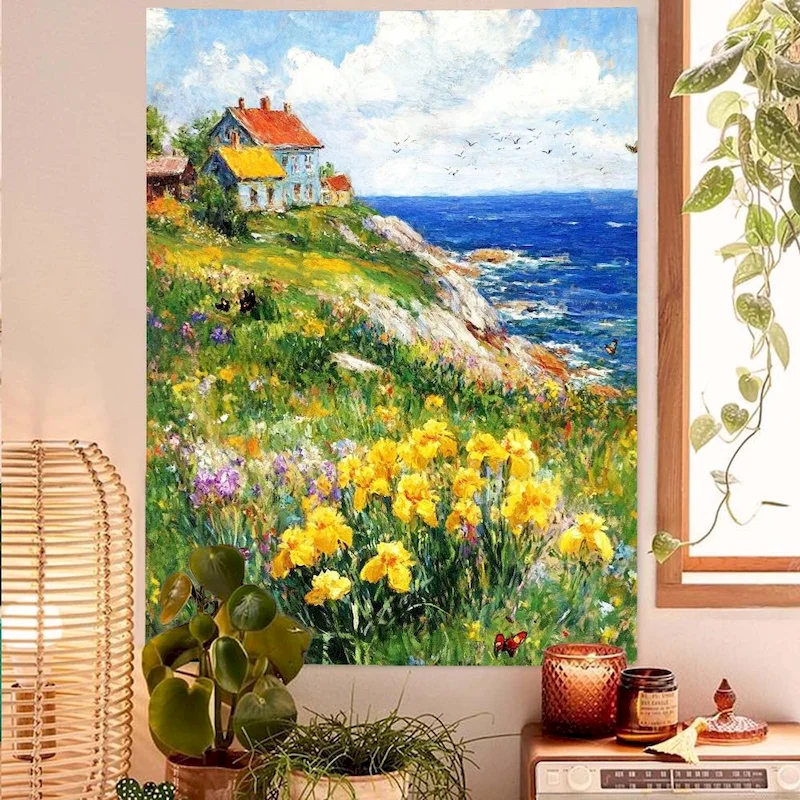 VIKAMA Cliff Iris Cottage Oil Painting Tapestry Flower Wall Hanging Bedroom Living Room Home Wall Decoration