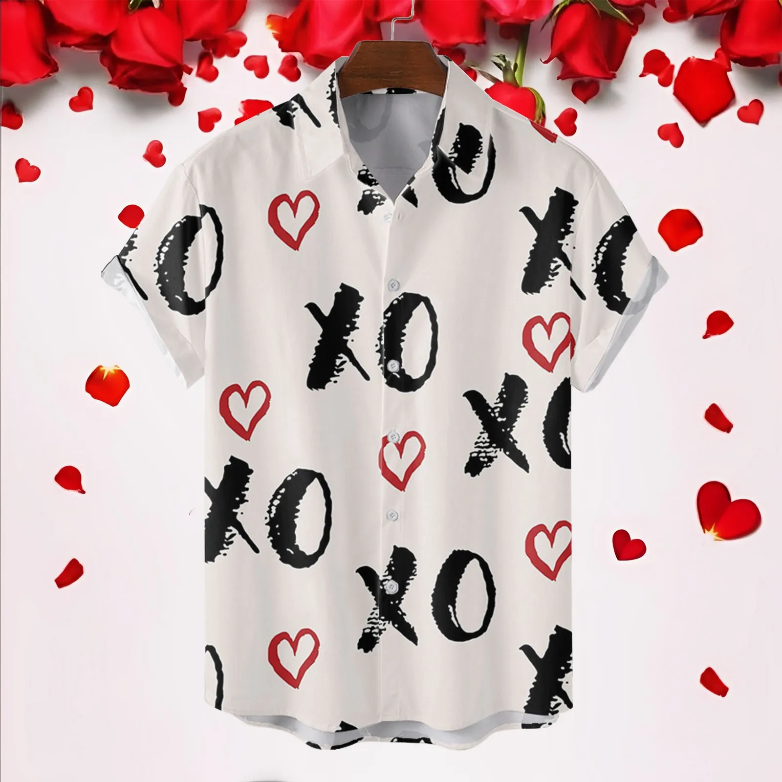 

Male Spring And Summer Single Breasted Shirts Casual Lapel Valentine'S Day Full Print Beach Short Sleeve Vacation Outdoor