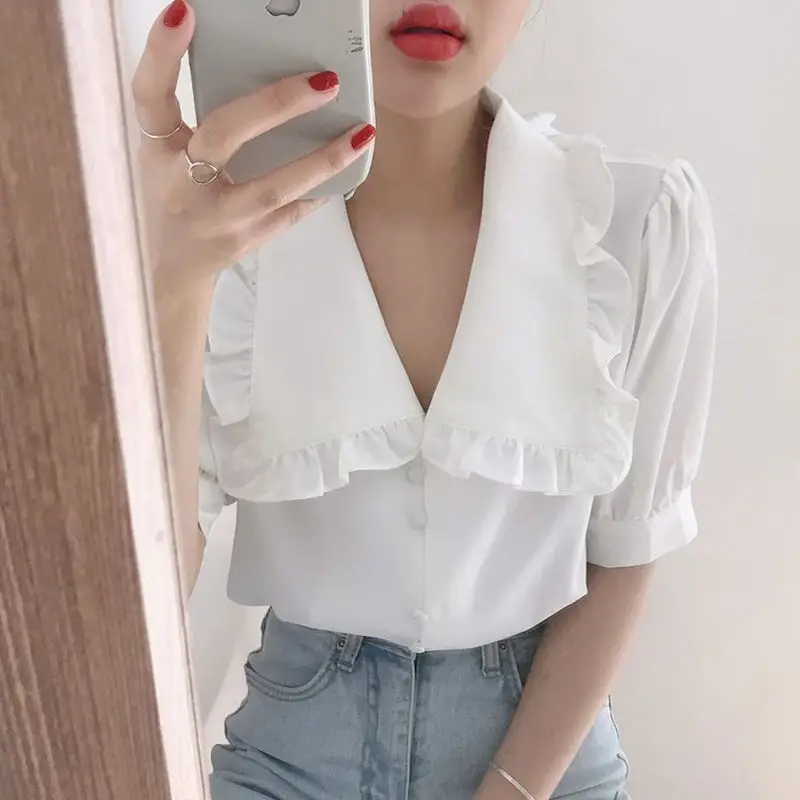 Women Blouses Solid Ruffles Sweet Short Sleeve Peter Pan Collar Tender Elegant Teens All-match Retro Ulzzang Lovely XS-3XL Daily