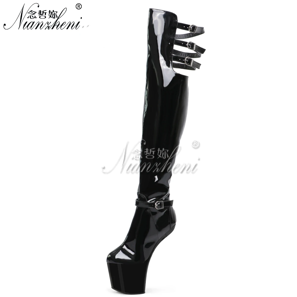 

Exotic Gothic Belt Buckle 8Inch Platform Strip Pole Dance Heel-less shoes 20cm Exotic Round Toe Over The Knee Boots Punk Models