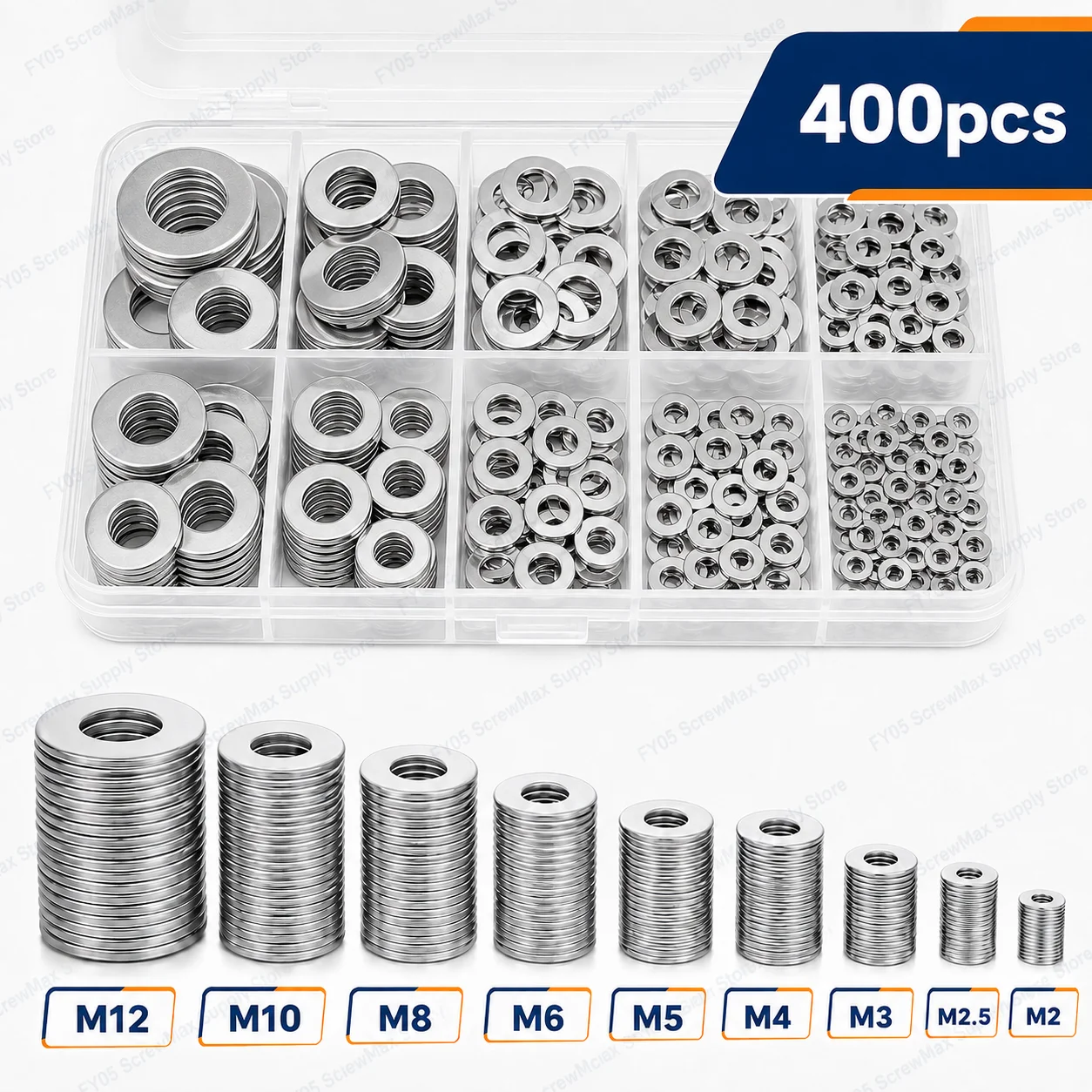 400pcs Flat Washer Gasket Combination M2 2.5 3 4 5 6 8 10 12 Boxed Anti-slip Sealing Washers