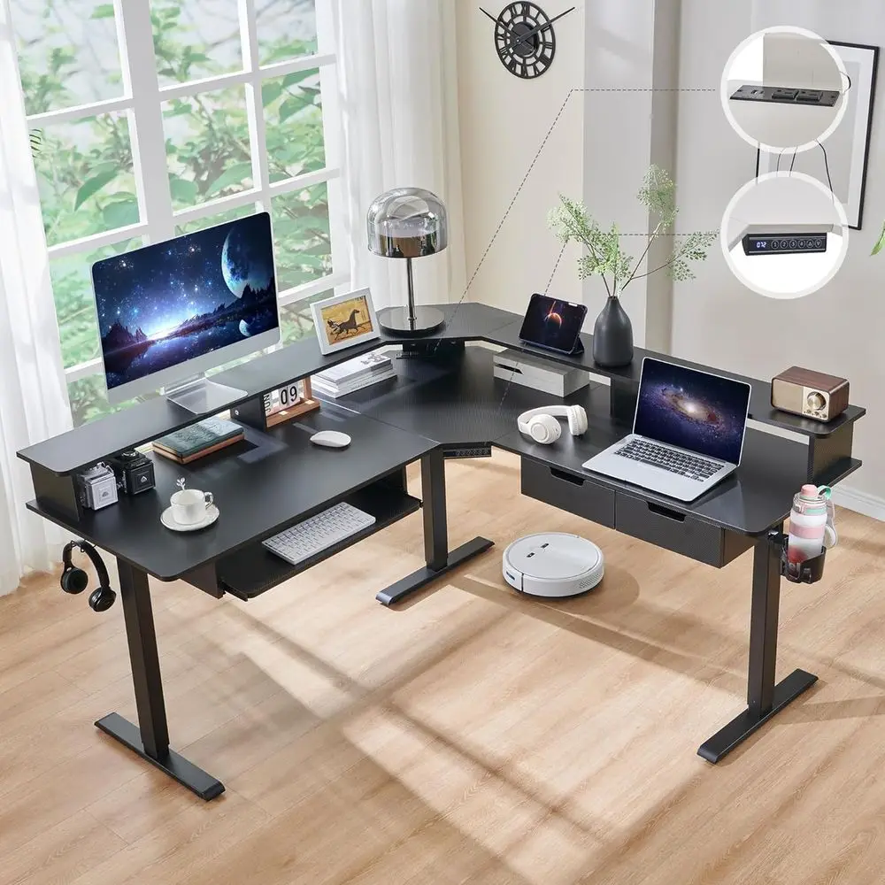 

60 L-Shaped Electric Height-Adjustable Desk with Drawers, Power Outlets, LED Lights, Monitor Shelf, Carbon Fiber Black