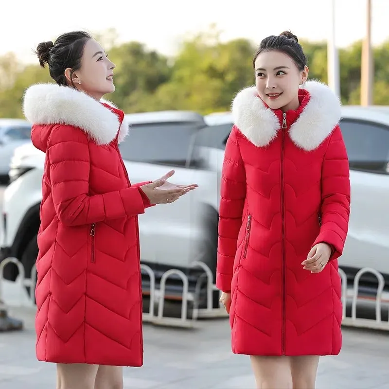 

2022 New Winter Parkas Women Jacket Fur Collar Hooded Basic Coat Mid-Length Thicken Female Jacket Warm Cotton Padded Outerwear