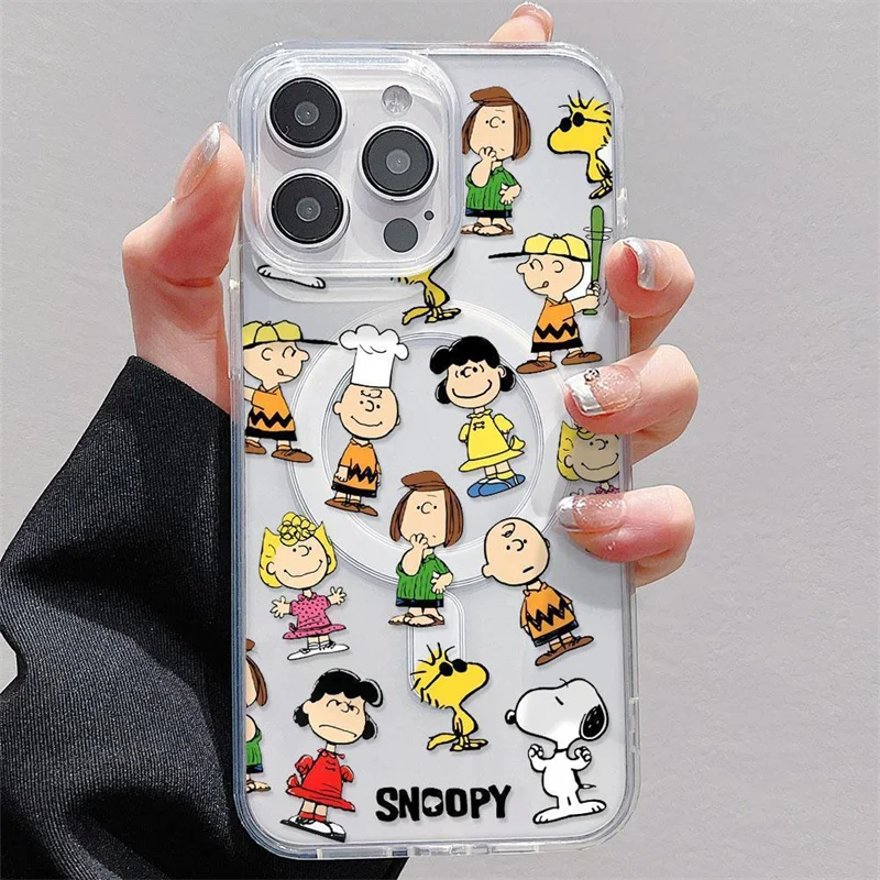 Capa Magnética Magsafe, Carregamento Sem Fio, Animação, 15, 14, 13, 12, 11 Pro Max, XR, X, Cartoon Snoopy Clear Phone Case