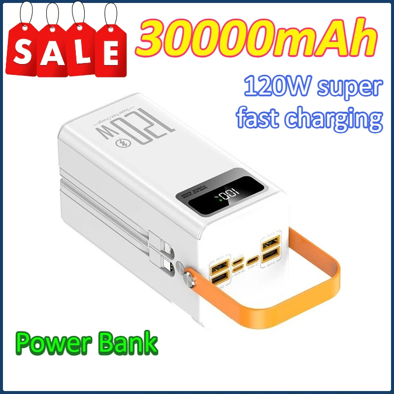 

30000mAh Power Bank 120W Fast Charging Power Station Outdoor Emergency Power Bank with Detachable Double Wires for Camping Phone
