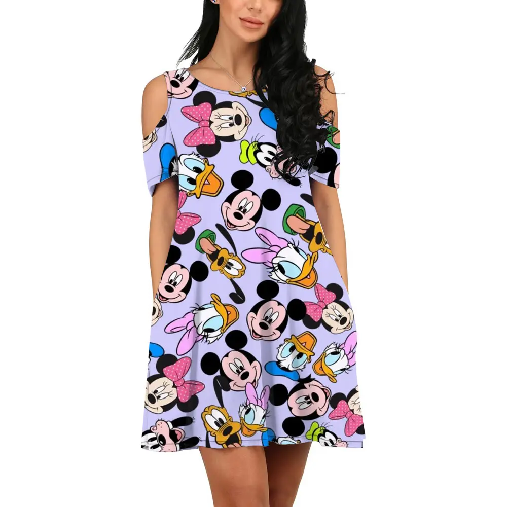 Summer 2022 Harajuku Streetwear Disney Brand Mickey Minnie Anime New Ladies Casual O Neck 3D Print Sexy Off Shoulder Dress y2k