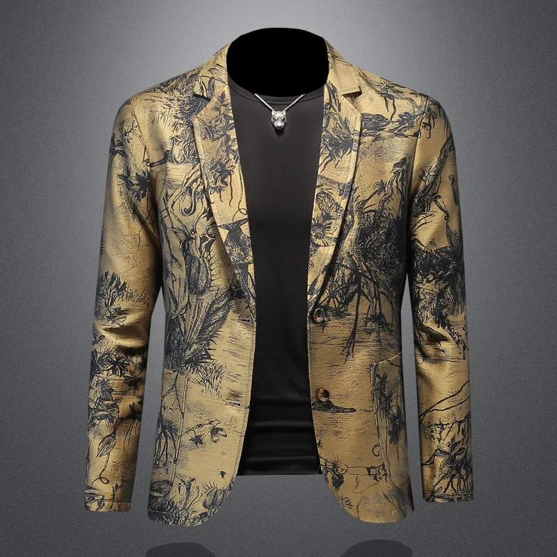 

Faionable Casual Printed Men's Suit Jaet Stand Fit Urban Sle Long Sve Four Button round Bot Casual Suit Coat