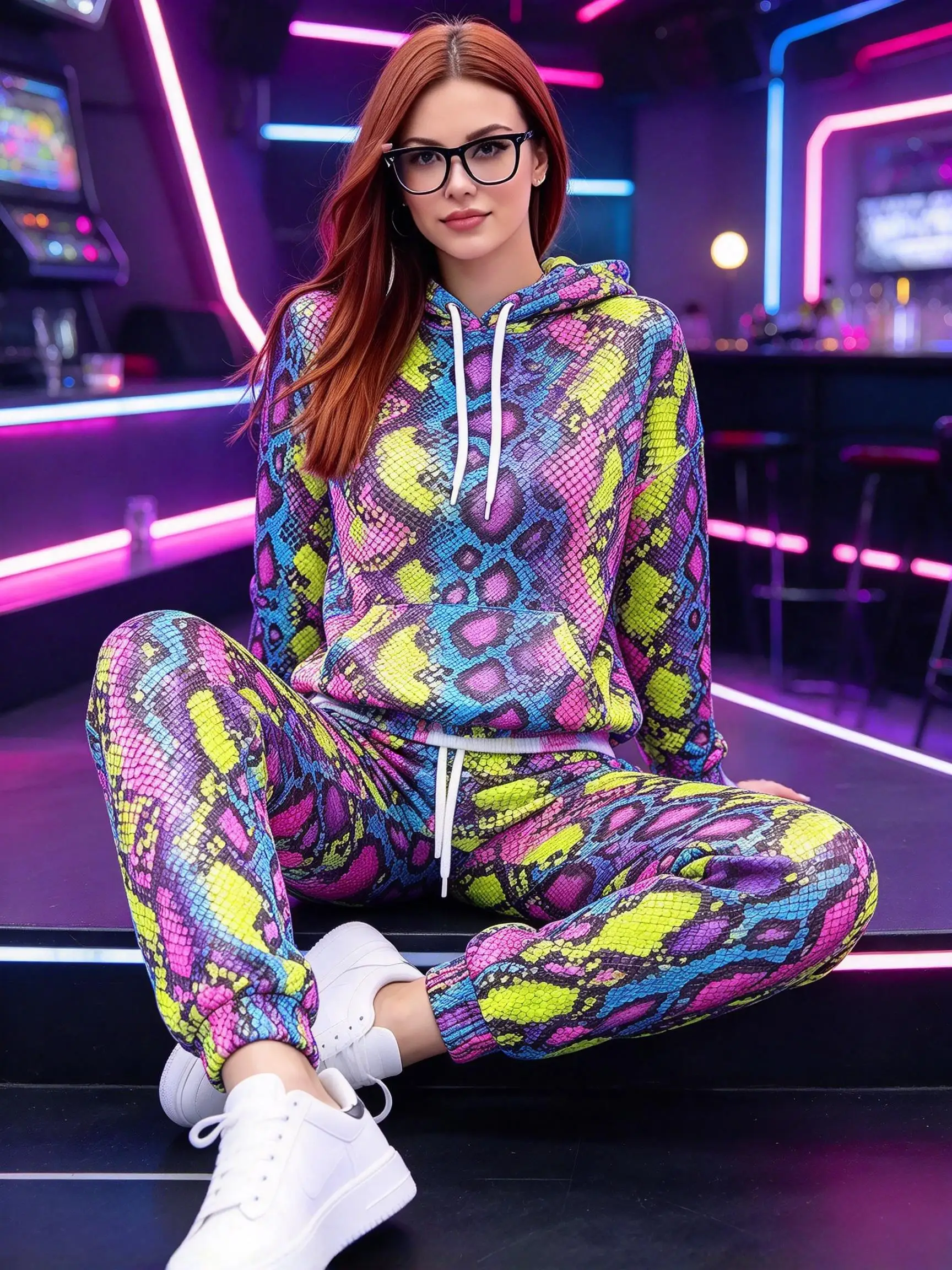 Women Neon Animal Print 2Pcs Tracksuit, Hoodie & Joggers. Vibrant pattern, loose streetwear outfit