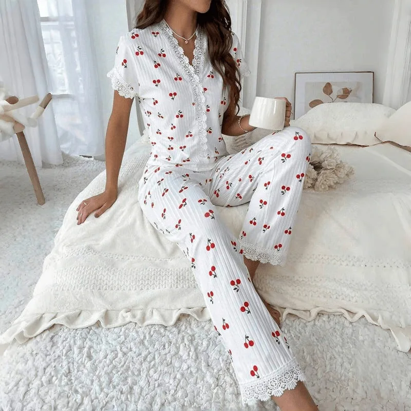

Women's Cherry Print Lace Loungewear Set, Short Sleeve & Long Pants Pajamas, European Fashion Casual Wearable Outside Nightwear