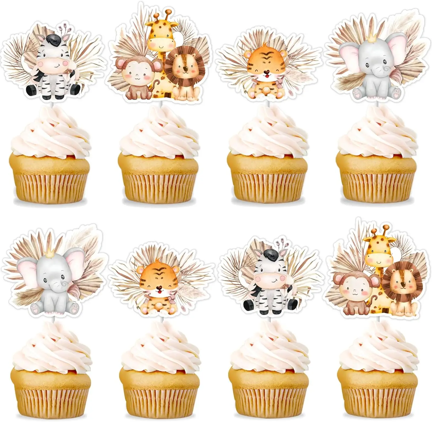 

Jungle safari Cupcake Toppers, Boho Baby Shower, Birthday Decor, Wild One, Wild Two, Birthday Party Supplies, 24Pcs