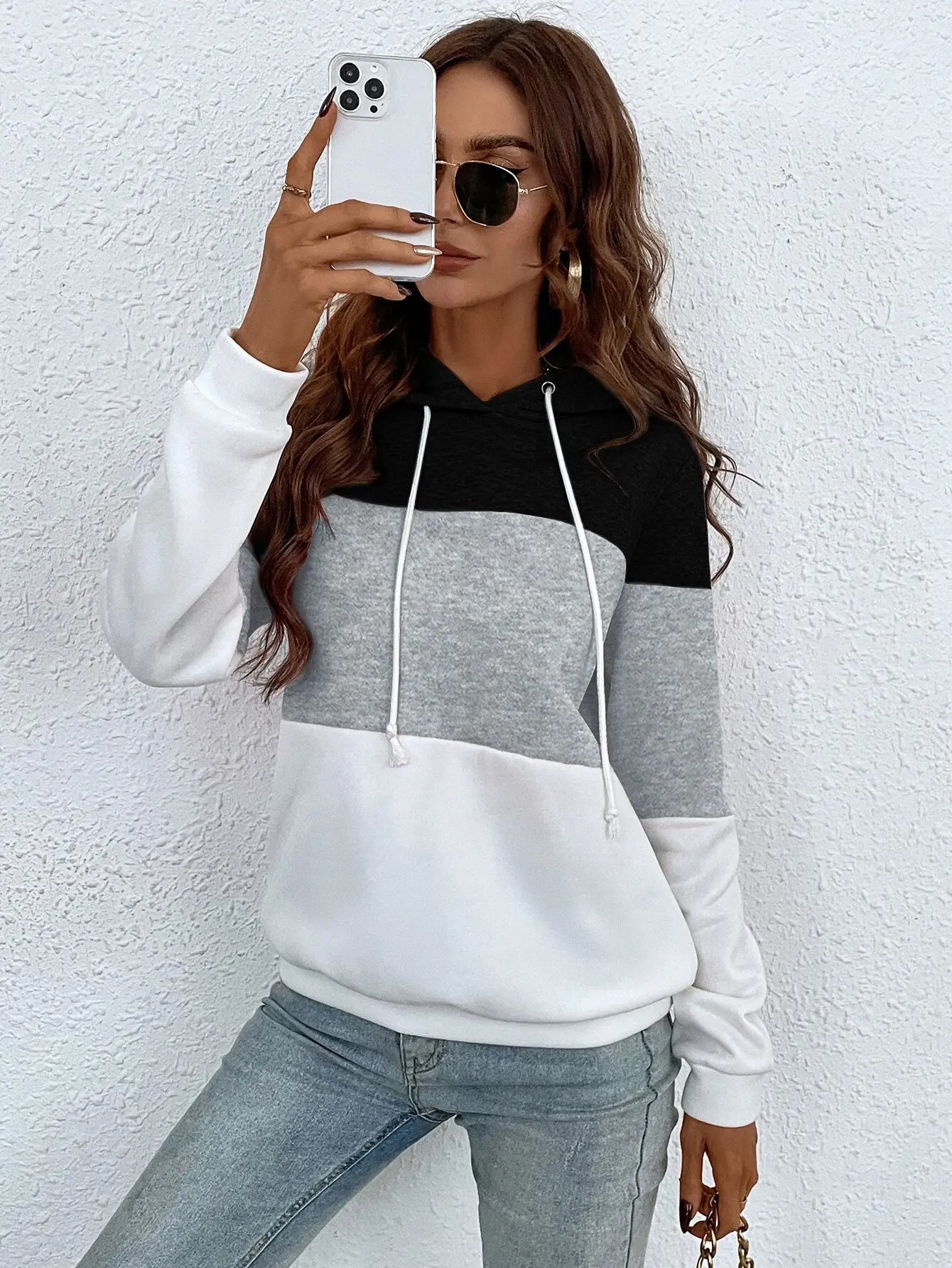 

Худи с цветными вставками и завязками на шнурке, с длинными рукавами, повседневный свободный пуловер для осени