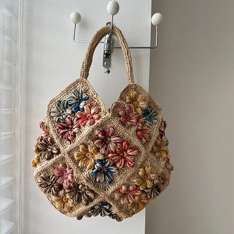 Hochwertige Handgefertigte Raffia-Schultertasche Exquisite Gewebte Stroh-Tragetasche Offene Bunte Blumen-Diamantmuster Einkaufstasche – Detail 4