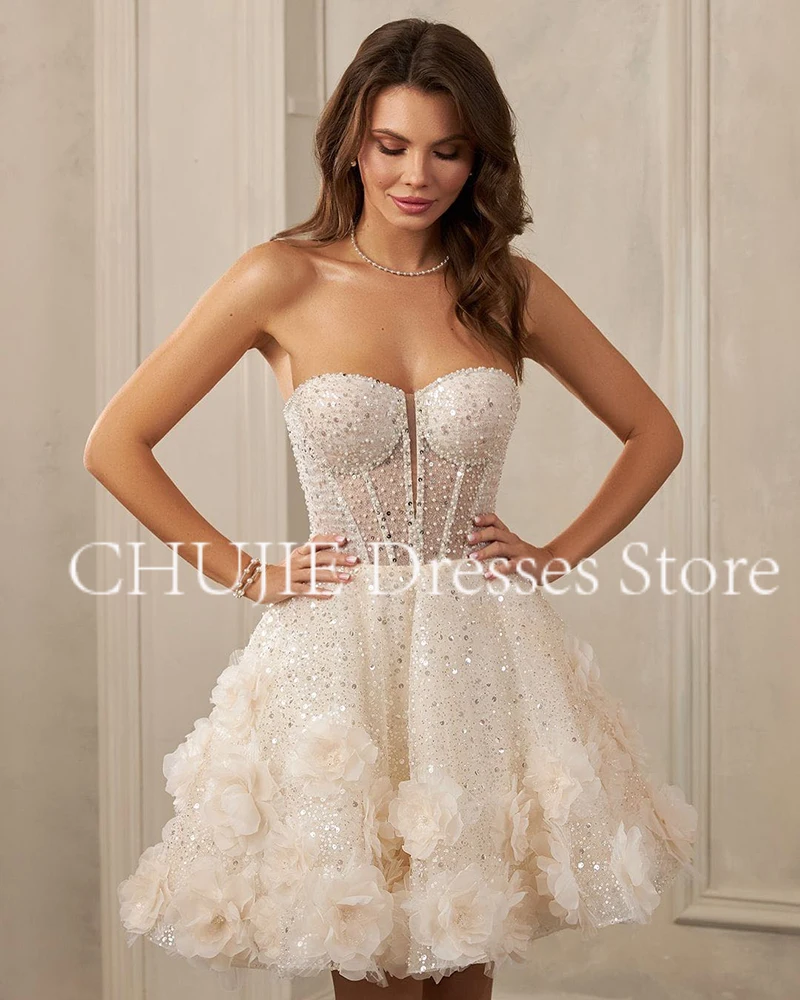 Customized Strapless Cocktail Dresses AppliquesA Line Homecoming Dress Woman Tulle Wedding Prom Gowns Pleat Graduation Dress